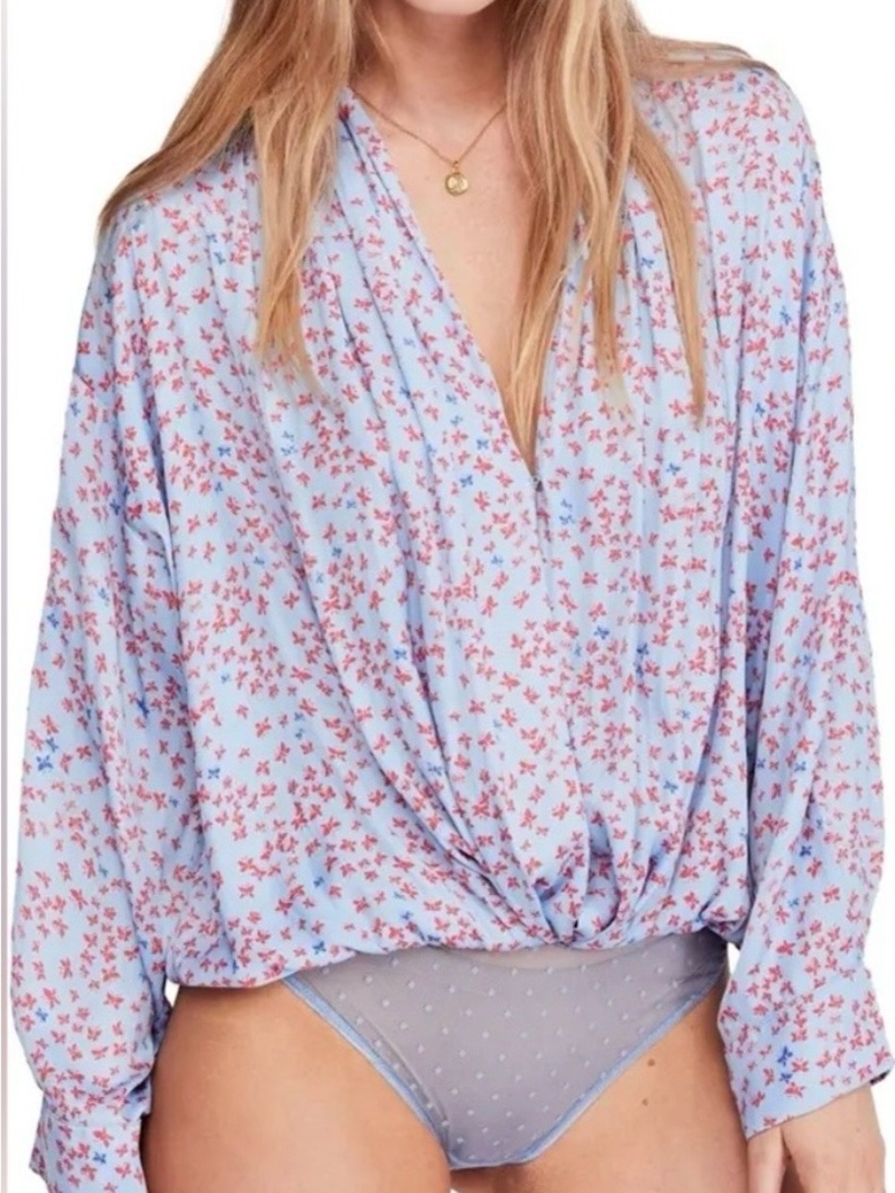 Free People Light Blue V Neck Bodysuit With Red Butterfly Pattern